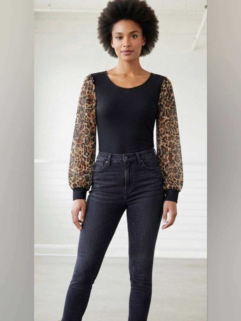 NWT Cleo Black Ribbed Top with Sheer Leopard Blouson Sleeves XS